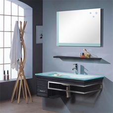 Badmöbel Wenge 97x20cm mit grünlich schimmernde Waschbecken Badspiegel